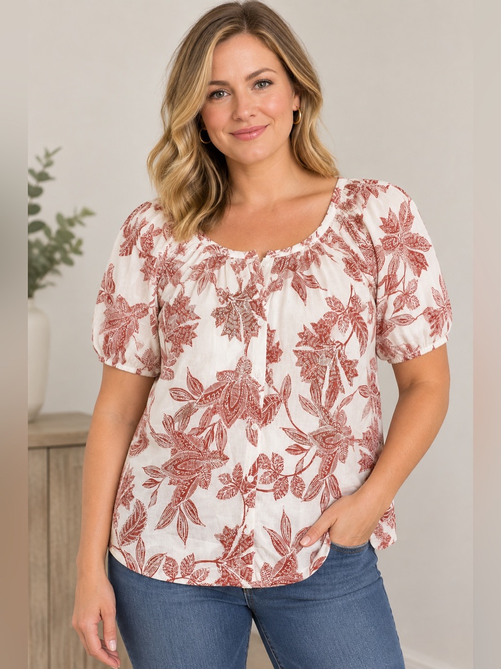 🆕 NWT Maurices Rust Floral Peasant Blouse on White